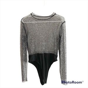 SHEIN black mesh net long sleeve silver sequin sparkly bodysuit size large